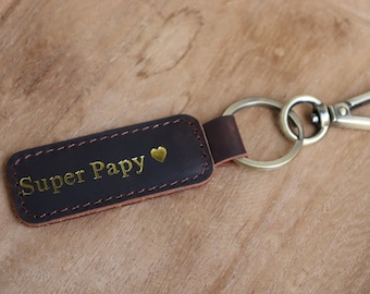 Porte-clés en cuir marron "Super Papy", pour la fête des grands-pères, anniversaire ou toute autre occasion spéciale