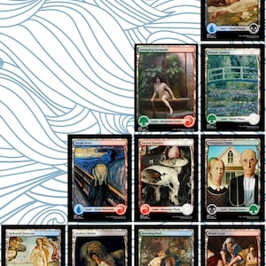 Könnte beinhalten: Eine Sammlung von Magic: The Gathering Sammelkarten mit verschiedenen Kunstwerken. Die Karten zeigen Landschaften, Figuren und abstrakte Kunst, darunter Titel wie "Watery Grave" und "Steam Vents". Jede Karte hat ein Manasymbol und einen Landtyp.