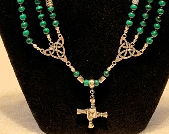 St. Brigid's Cross Necklace - Pewter and Malachite