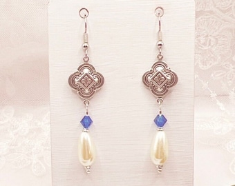 Regency Earrings - Pearl and Sapphire Crystal