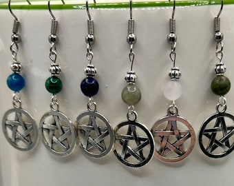 Silver Pentacle Earrings - Various Gemstones