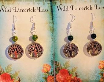Silver Tree of Life Earrings with Malachite or Variscite Beads