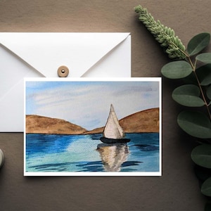 Voilier sur un lac, lot de 6 cartes de correspondance vierges avec enveloppes