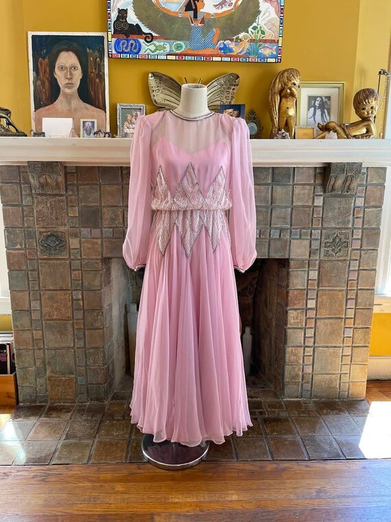 Rare 80s/70s Pink Chiffon Beaded Gown by Victoria 