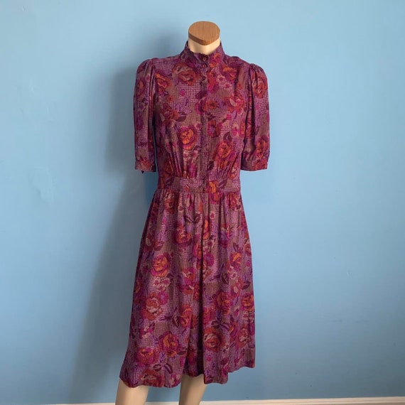 Early 80's Floral Shirt Dress with Puff Sleeves