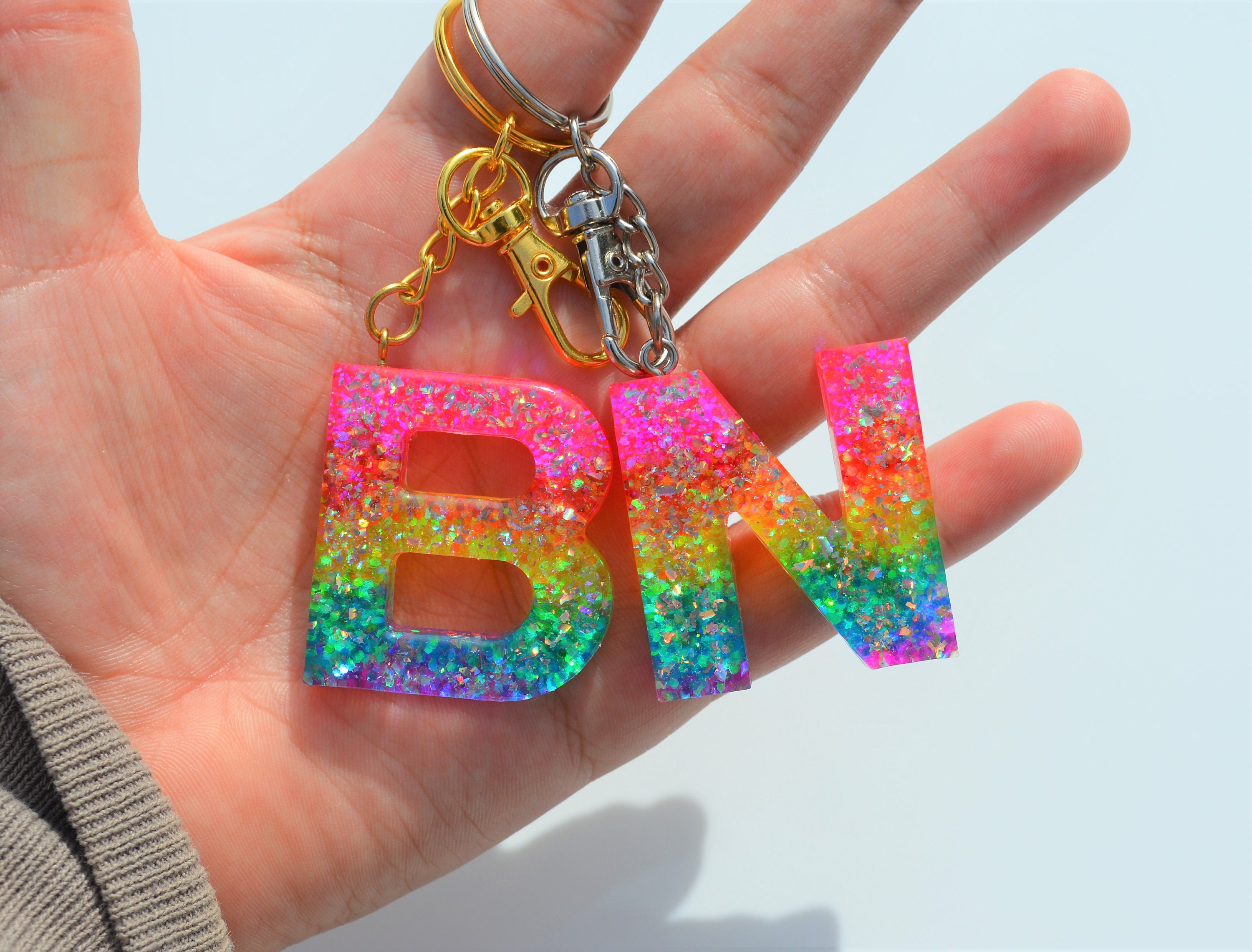 Holographic Rainbow Letter Keychains Resin Letter Keychains Etsy