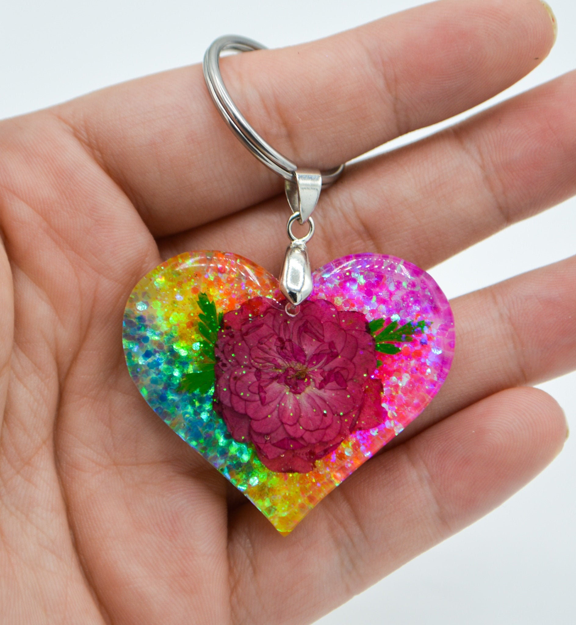 Real Flower Keychains Pressed Flower Keychains Rainbow Heart Etsy