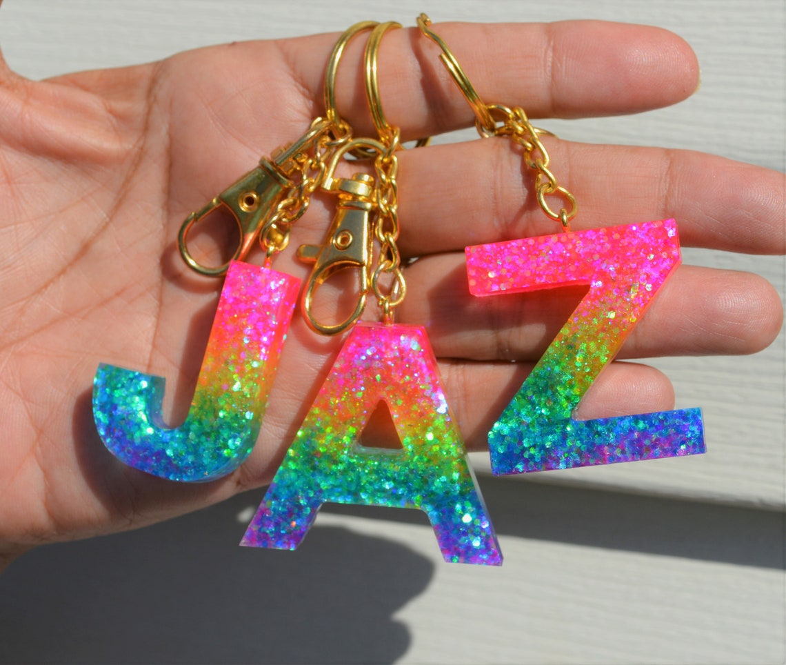 Rainbow Letter Keychains Resin Keychains Custom Alphabet Etsy
