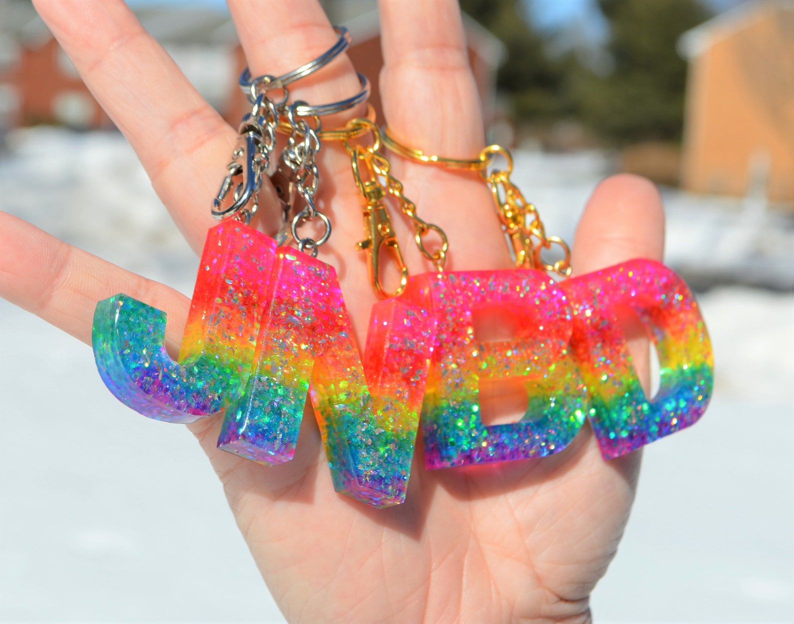 Holographic Rainbow Letter Keychains Resin Letter Keychains Etsy