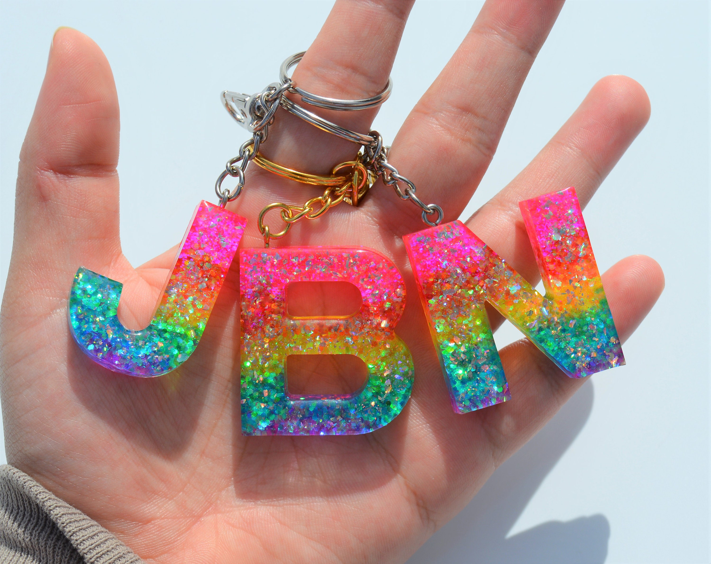Holographic Rainbow Letter Keychains Resin Letter Keychains Etsy