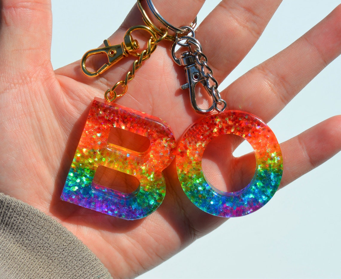 Custom Rainbow Letter Keychains Resin Letter Keychains Etsy