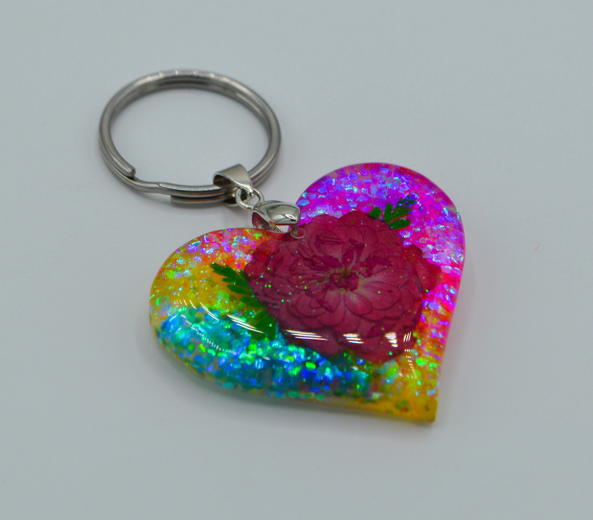 Real Flower Keychains Pressed Flower Keychains Rainbow Heart Etsy