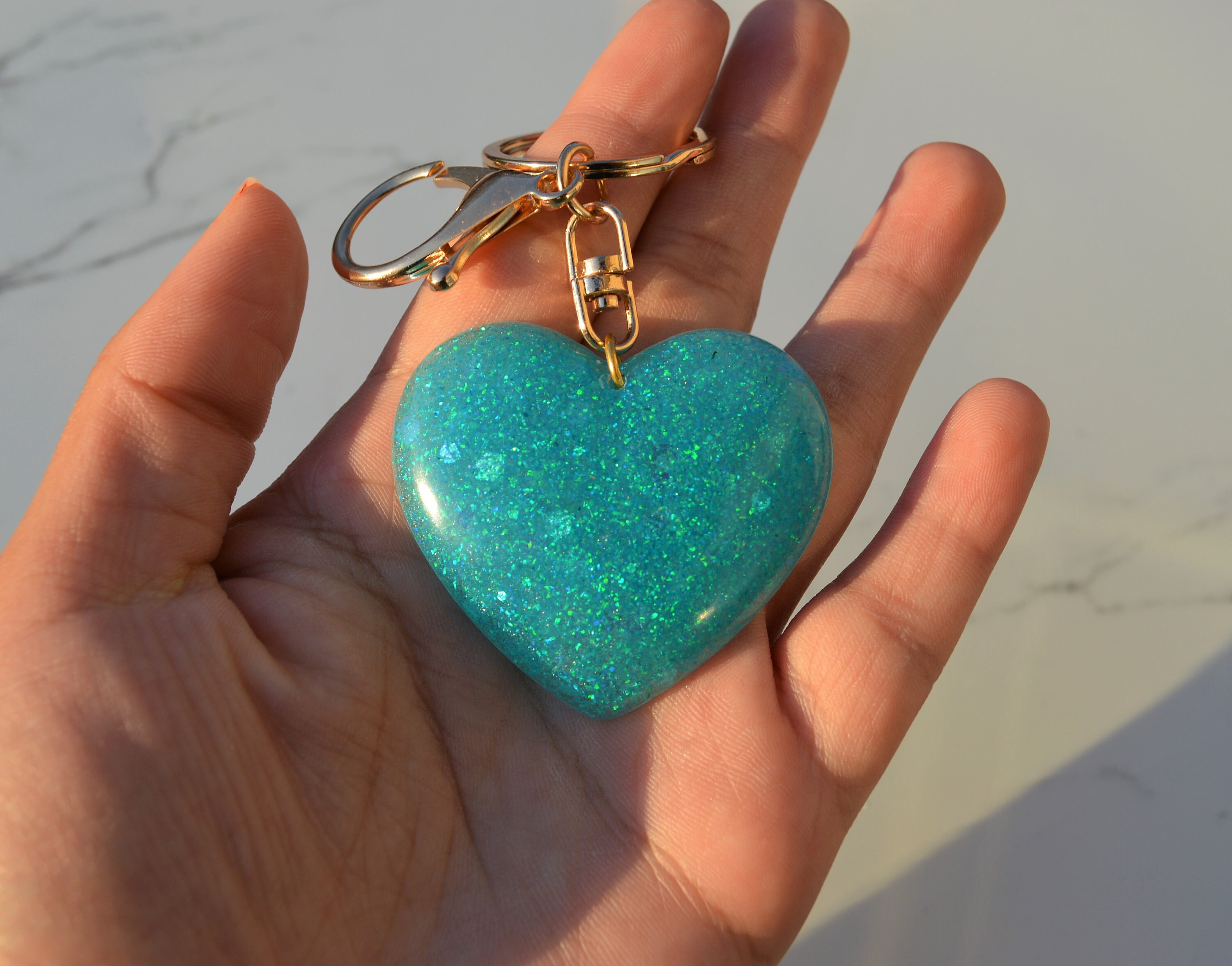 Blue Opal Heart Keychain Resin Keychains Heart Keychain Etsy