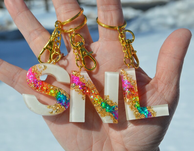Personalized Letter Keychains Resin Geode Keychains Custom Etsy