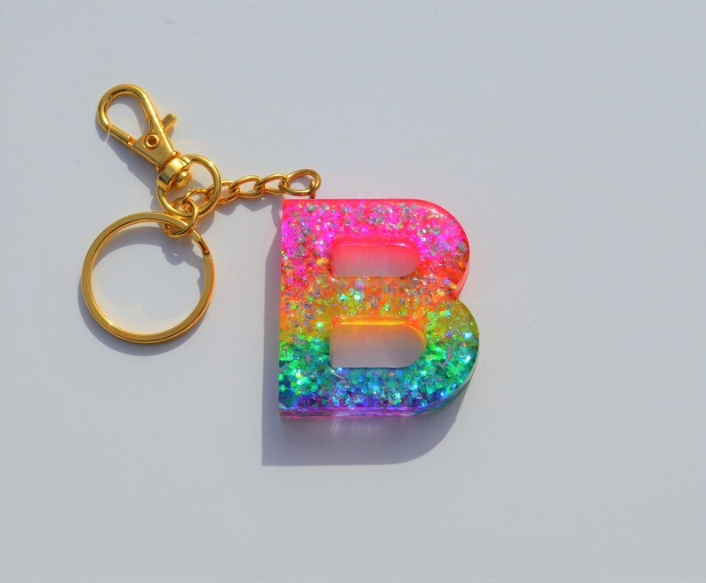 Holographic Rainbow Letter Keychains Resin Letter Keychains Etsy
