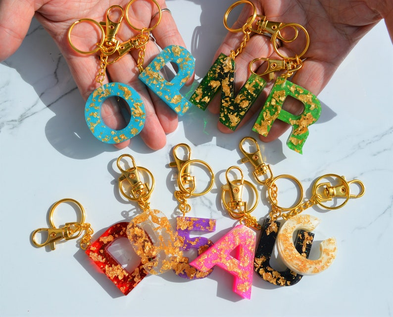 Custom Resin GoldLeaf Letter Keychain Initial Keychain Any Etsy