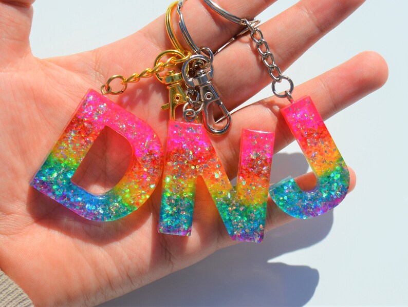 Holographic Rainbow Letter Keychains Resin Letter Keychains Etsy