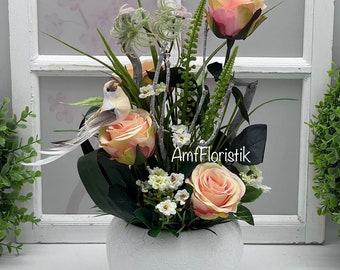 Tischgesteck Gesteck Rosen  Vogel Blumengesteck