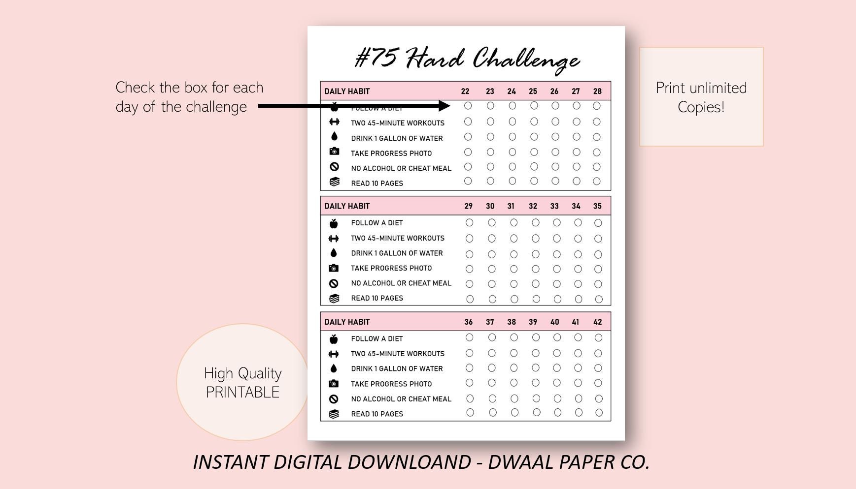 75 Hard Challenge Printable 75 Hard Tracker 75 Hard - Etsy