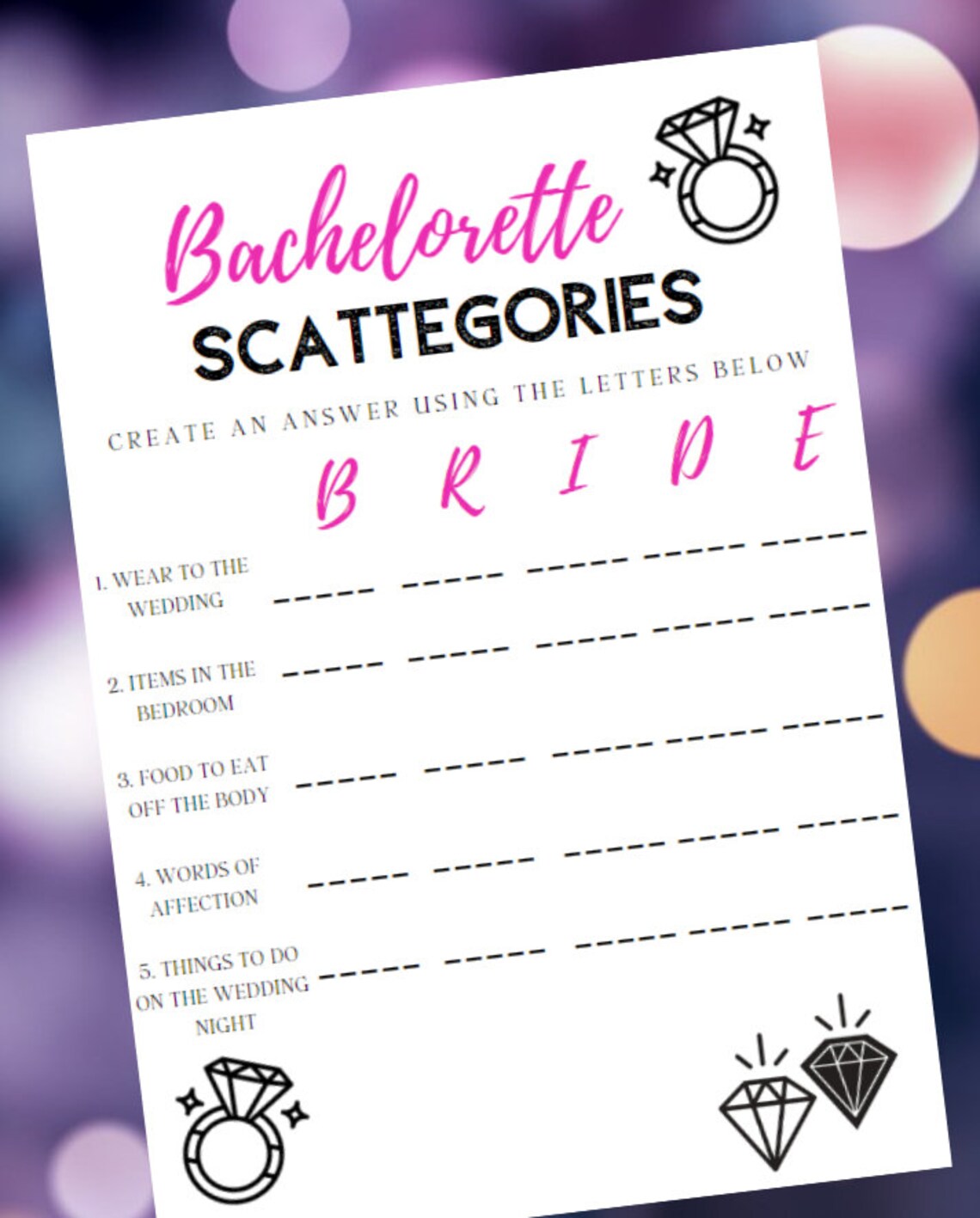 Bachelorette Party Scattegories Game PRINTABLE 8.5 x 11 | Etsy