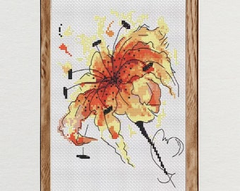 May include: A framed cross-stitch pattern of a yellow and orange flower with black lines. The image is 5.57 inches by 7.86 inches and is for 14 count fabric. The text "PICTURES SHOWN ARE FOR ILLUSTRATION PURPOSE ONLY" is at the top of the image.