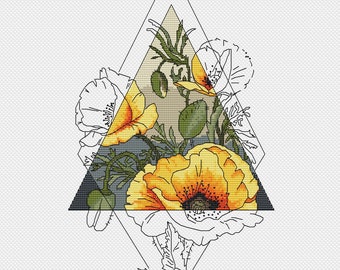Patrón de punto de cruz con estampado de amapolas, flores amarillas, plantas, fácil, descarga instantánea en PDF.