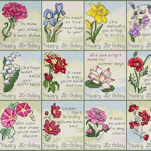 Ensemble de point de croix fleur d'anniversaire | 12 mini-motifs mensuels | Broderie de cartes florales PDF