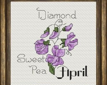 Mini Birth flower Cross Stitch Pattern, Diamond Sweet pea April cross stitch pdf pattern