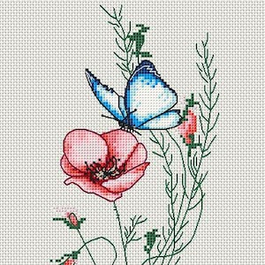 Patrón de punto de cruz de mariposa, diseño de bordado de flor de amapola, arte de papaver rosa con lepidópteros azules, bordado con intersección de naturaleza detallada
