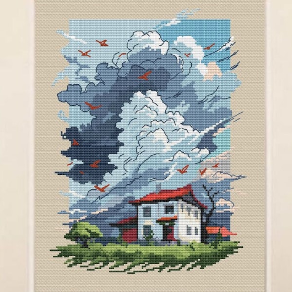 Modèle de point de temps de tempête, modèle pdf de point de croix d'aquarelle de maison