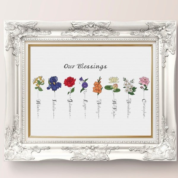 Custom Family Birth Month Flowers Garden Cross Stitch Pattern | Personalised Family Grandparents Embroidered Gift | Digital Download