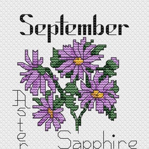 Mini Birth flower Cross Stitch Pattern,  Aster sapphire september   stitch pdf pattern