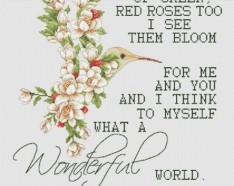Wonderful World Cross Stitch Pattern  Bird of flowers, sayings wall decor cross stitch pattern. PDF
