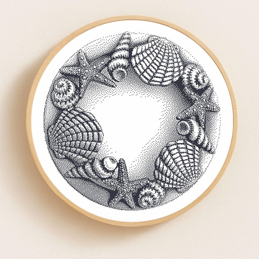 Seashell Wreath Monochrome Cross Stitch Pattern PDF Modern Blackwork ...