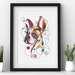 May include: Framed art print featuring a colorful, abstract illustration of a dog's head. The artwork uses geometric shapes and lines in various colors, including purple, yellow, and red, to create a unique design. The print is in a black frame.