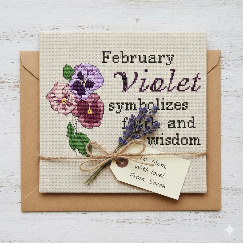 Geburts-Februar Blume Kreuzstich Muster, violettes Geschenk, personalisierte Muttertagsgeschenke für Nanny, Benutzerdefinierte Familie, Enkelkinder pdf Muster Bild 2