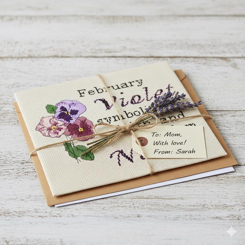 Geburts-Februar Blume Kreuzstich Muster, violettes Geschenk, personalisierte Muttertagsgeschenke für Nanny, Benutzerdefinierte Familie, Enkelkinder pdf Muster Bild 4