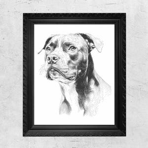 Puede incluir: Impresión artística enmarcada en negro que presenta un retrato de un perro al estilo puntillista. La obra de arte utiliza puntos blancos y negros para crear una imagen detallada de la cara y la parte superior del cuerpo del perro. El marco tiene un diseño texturizado y ornamentado.