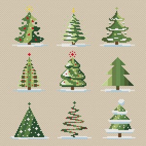 May include: Nine cross-stitch Christmas tree designs are displayed. The trees have varying styles, some with decorations and star or cross toppers. The colour scheme includes greens, reds, whites, and gold, set against a neutral background.