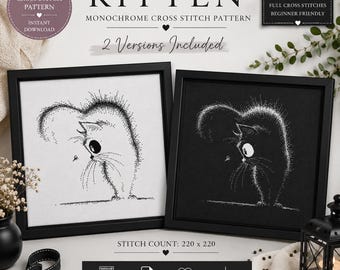 May include: A PDF cross stitch pattern titled KITTEN featuring two monochrome versions of a stippled cat illustration. One version shows a black cat on a white background, the other a white cat on a black background. The stitch count is 220 x 220.