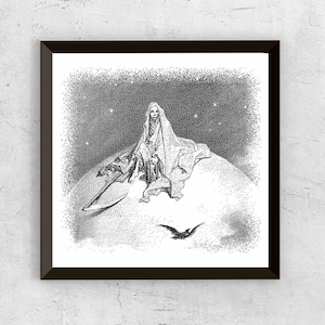 May include: Black and white framed art print. The artwork depicts a robed figure with a scythe, seated on a sphere, with a starry background and a flying bird. The style is reminiscent of a vintage illustration.