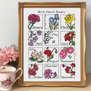 Echantillon de fleurs pour le mois de naissance, modèle de point de croix, 12 mini motifs mensuels, broderie de cartes florales, PDF