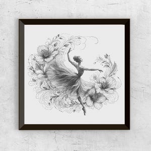May include: A black and white stippled illustration of a dancer in a flowing skirt, surrounded by detailed floral elements. The artwork is presented within a dark brown square frame, showcasing a pointillist technique that creates depth and texture.