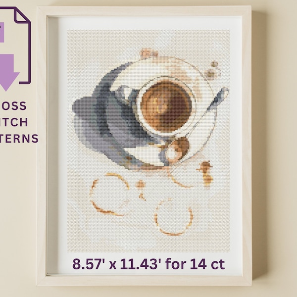 Coffee stain cup cross stitch pattern, coffee cross stitch instant download PDF