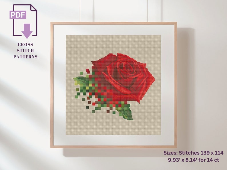 Rose X Pattern Red Pixel Rose Cross Stitch Pattern, Garden Pdf Pattern, Plants, Modern ...