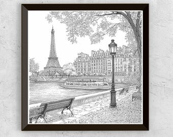 Korsstygnsmönster i Paris – Monokromt stadslandskap, räknat korsstygn, enkelt broderi, direkt nedladdning i PDF-format