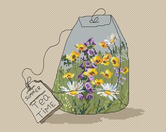 Summer Tea Time Cross Stitch Pattern, daisy poppy flower cross stitch pdf pattern