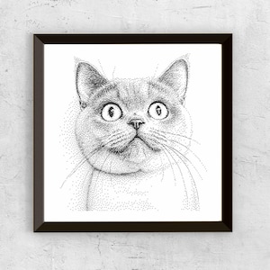 以下が含まれることがあります： 額装された、猫の顔の白黒ドットアートプリント。猫は大きく見開いた目をし、驚いた表情をしています。アートワークは詳細で、猫の毛皮や特徴は小さな点で作成されています。