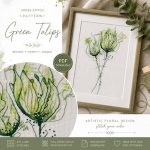 May include: A framed cross-stitch pattern titled "Green Tulips." The artwork features a delicate floral design in shades of green, with the words "delicate, modern, elegant" below the title. The image also includes the text "PDF DOWNLOAD" and "ARTISTIC FLORAL DESIGN stitch your calm."