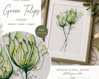 May include: A framed cross-stitch pattern titled "Green Tulips." The artwork features a delicate floral design in shades of green, with the words "delicate, modern, elegant" below the title. The image also includes the text "PDF DOWNLOAD" and "ARTISTIC FLORAL DESIGN stitch your calm."
